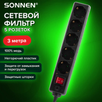 Сетевой фильтр SONNEN U-3513, 5 розеток, с заземлением, выключатель, 10 А, 3 м, черный, 513489