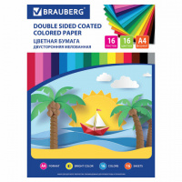 Цветная бумага А4 2-сторонняя мелованная, 16 листов 16 цветов, на скобе, BRAUBERG ЭКО, 200х280 мм, '