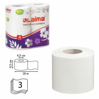 Туалетная бумага Laima без аромата, белая, 3 слоя, 4 рулона, 144 листа, 18м