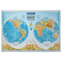Карта мира физическая 'Полушария' 101х69 см, 1:37М, интерактивная, европодвес, BRAUBERG, 112375