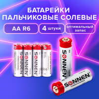 Батарейка Sonnen АА R6, 1.5В, солевая, 4шт/уп