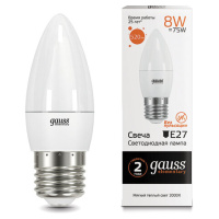 Лампа светодиодная GAUSS, 8(75)Вт, цоколь Е27, свеча, теплый белый, 25000 ч, LED B37-8W-3000-E27, 33