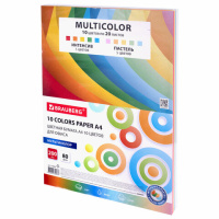 Бумага цветная 10 цветов BRAUBERG 'MULTICOLOR', А4, 80 г/м2, 200 л. (10 цветов x 20 листов), 114209