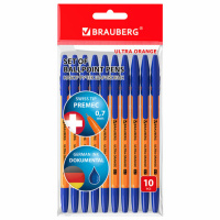 Ручки шариковые BRAUBERG 'ULTRA ORANGE', СИНИЕ, НАБОР 10 штук, корпус оранжевый, узел 0,7 мм, 143571