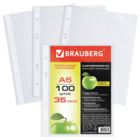 Файл-вкладыш А5 Brauberg прозрачный, вертикальные, 35 мкм, 100 шт/уп