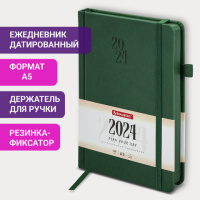 Ежедневник датированный Brauberg Plain темно-зеленый, A5, под кожу, с резинкой, 2024