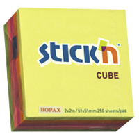 Блок для записей с клейким краем Hopax Stick'N 5 цветов, 51х51мм, 250 листов