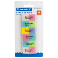 Набор ластиков BRAUBERG 'Pastel Mix', 6 шт., цвета ассорти, 44х21х10 мм, экологичный ПВХ, 229597