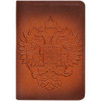 Обложка для паспорта Кожевенная мануфактура 'Орел Российской Империи', светло-коричневый, в деревянн