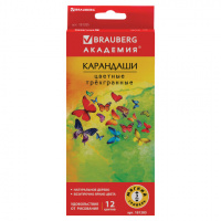 Карандаши цветные BRAUBERG 'Бабочки', набор 12 цветов, трехгранные, корпус с полосками, 181285