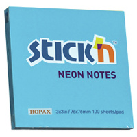 Блок для записей с клейким краем Stick'n голубой, неон, 76х76мм, 100 листов
