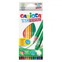 Карандаши цветные стираемые с резинкой CARIOCA 'Erasable', 12 цветов, пластик, шестигранные, заточен