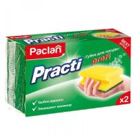 Губка для мытья посуды Paclan Practi поролоновая с абразивным слоем, желтая, 2шт/уп