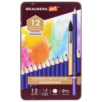 Карандаши художественные цветные акварельные BRAUBERG ART PREMIERE, 12 цветов, грифель 4 мм, металл,