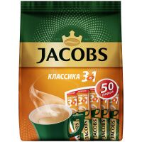 Кофе растворимый Jacobs 'Классика', 3 в 1, порошкообразный, порционный, 50 пакетиков* 12г, пакет