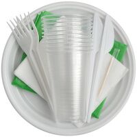 Набор одноразовой посуды OfficeClean на 10 персон (вилки, ножи, стаканы, салфетки, тарелки)