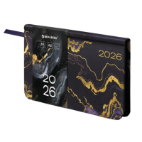 Еженедельник датированный 2026 МАЛЫЙ ФОРМАТ 95х155 мм, А6, BRAUBERG 'Vista', под кожу 'Black marble'