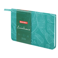 Еженедельник датированный 2026 МАЛЫЙ ФОРМАТ 95х155 мм, А6, BRAUBERG 'Foliage', под кожу, бирюза, 117