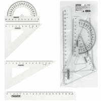 Набор чертежный средний ПИФАГОР (линейка 20 см, 2 треугольника, транспортир), прозрачный, бесцветный