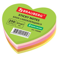 Блок для записей с клейким краем Brauberg Сердце 5 цветов, неон, 67х67мм, фигурный, 250 листов
