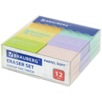 Ластики BRAUBERG 'Pastel Soft' набор 12 шт., размер ластика 31*20*10мм, экологичный ПВХ, 229598