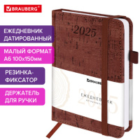 Ежедневник датированный 2025 МАЛЫЙ ФОРМАТ 100х150 мм А6, BRAUBERG 'Wood', под кожу, коричневый, 1157