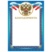 Грамота 'Благодарность', А4, мелованный картон, конгрев, тиснение фольгой, синяя рамка, BRAUBERG, 12