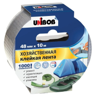 Клейкая лента хозяйственная Unibob 48мм х 10м, для 1000 применений, на основе х/б ламинированной полиэтиленом, серая