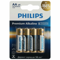 Батарейки алкалиновые 'пальчиковые' КОМПЛЕКТ 4 шт., PHILIPS Premium Alkaline, АА (LR6, 24А), блистер