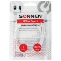 Кабель белый USB 2.0-Type-C, 1 м, SONNEN, медь, для передачи данных и зарядки, 513558