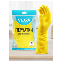 Перчатки резиновые хозяйственные Vega, многоразовые, хлопчатобумажное напыление, размер XL, желтые,