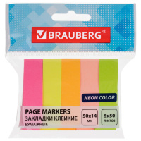 Закладки клейкие BRAUBERG НЕОНОВЫЕ бумажные, 50х14 мм, 5 цветов х 50 л., КОМПЛЕКТ 5 шт., 112443