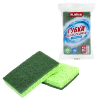 Губки для посуды 110х70х20 мм, ЦЕЛЛЮЛОЗНЫЕ + АБРАЗИВ, КОМПЛЕКТ 2 штуки, зеленые/зеленый абразив, LAI