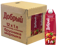 Морс Добрый с брусникой, морошкой, виноградом и клюквой, 1л x 12 шт