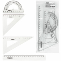 Набор чертежный средний ПИФАГОР (линейка 20 см, 2 треугольника, транспортир), прозрачный, бесцветный