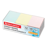 Блок для записей с клейким краем Brauberg 3 цвета, пастельный, 38х51мм, 100 листов, 12шт