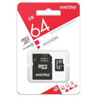 Карта памяти SmartBuy MicroSDHC 64GB, Class 10, скорость чтения 20Мб/сек (с адаптером SD)