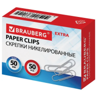 Скрепки канцелярские Brauberg 50мм, никелированные, 50шт/уп