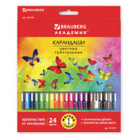 Карандаши цветные BRAUBERG 'БАБОЧКИ', 24 цвета, трехгранные заточенные, корпус с полосками