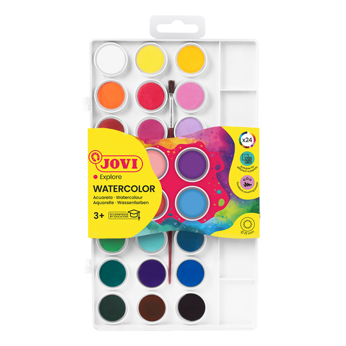 фото: Акварель JOVI, 24 цвета, малые кюветы, с кистью, с палитрой, пластик, европодвес