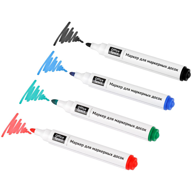 Набор маркеров для досок Buro пулевидный пиш. 2.5Мм 4цв. С европодвесом. Набор маркеров для доски на магнитах OFFICESPACE, 4 цвета.