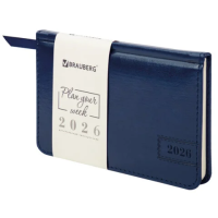 Еженедельник датированный 2026, МАЛЫЙ ФОРМАТ 95х155 мм, А6, BRAUBERG 'Imperial', под кожу, синий, 11