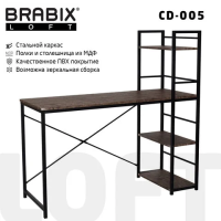 Стол на металлокаркасе BRABIX 'LOFT CD-005', 1200х520х1200 мм, 3 полки, цвет морёный дуб, 641221