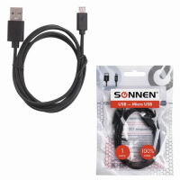 Кабель USB 2.0 Sonnen Economy 1м, для передачи данных и зарядки, черный, 513115