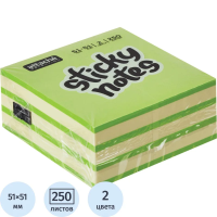 Блок для записей с клейким краем Attache 2 цвета, зеленый неон, 51х51мм, 250 листов