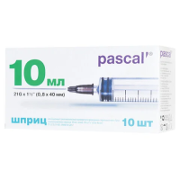 Шприцы одноразовые Pascal 3-х компонентные 10мл, игла 0,8х40 - 21G, 10шт, коробка