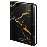 Ежедневник датированный 2026 с резинкой 145х203 мм, А5, BRAUBERG, твердый, фольга, 'Черный мрамор',