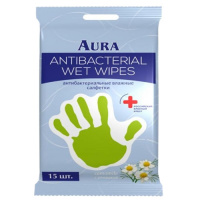 Салфетки влажные Aura для рук антибактериальные, с экстрактом ромашки, 15шт