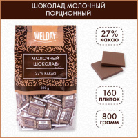 Шоколад порционный WELDAY 'Молочный 27%', 800 г (160 плиток по 5 г), пакет