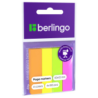 Клейкие закладки пластиковые Berlingo 4 неоновых цвета, 15х50мм, 100 листов